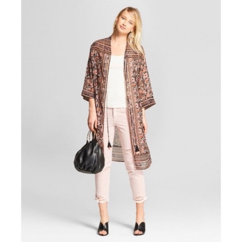 Boho Chinoiserie-Inspired Semi-Sheer Black & Coral Pink Fashion Kimono OS